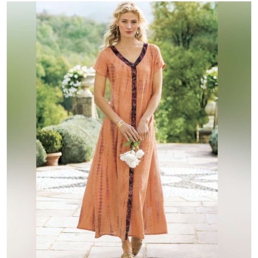 Soft Surroundings Sunset Bali Maxi Dress PXL •Batik Trim Buttons Desert Boho EUC